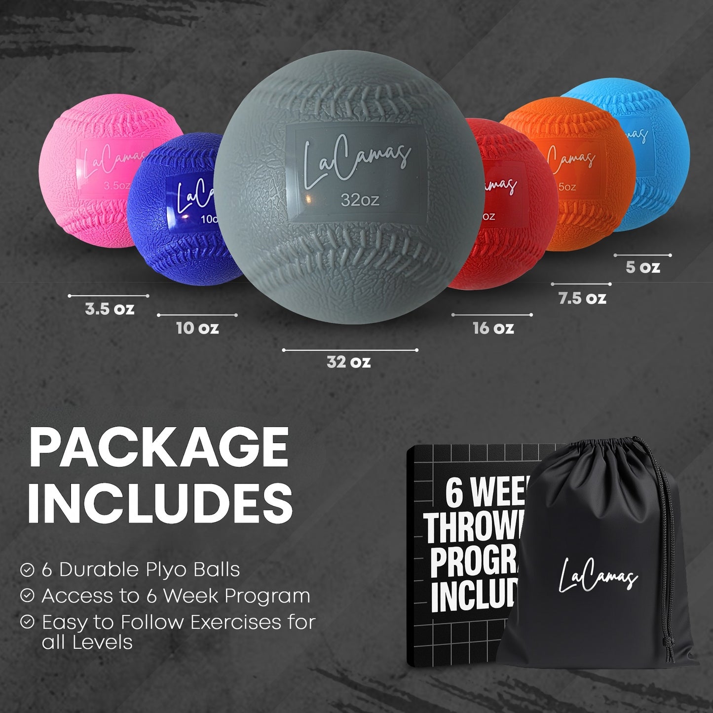 Plyometric Balls for Baseball – Weighted Throwing Set (3.5oz–32oz) with Stitched Seams – 6 Soft-Shell Balls + Carry Bag + Free 6-Week Throwing Program – Arm Care & Velocity Trainer